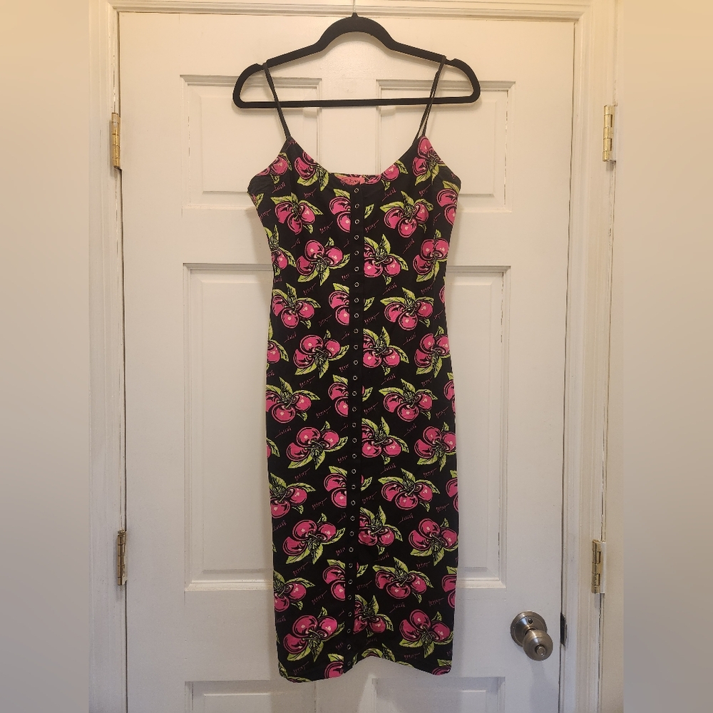 Vintage Betsey Johnson Cherry Pin Up Rockabilly Punk Midi Pencil Dress L
